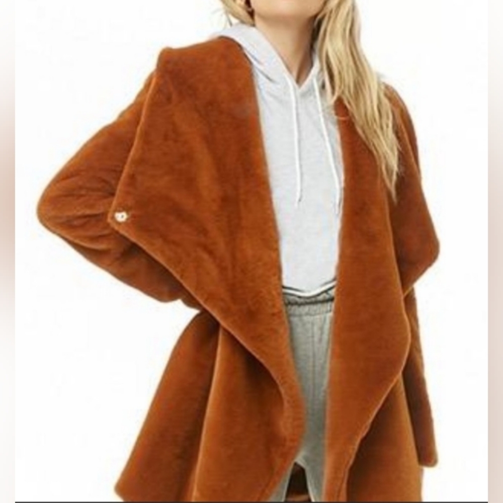 Boho Drape Camel Tan Soft Faux Fur Coat Women's